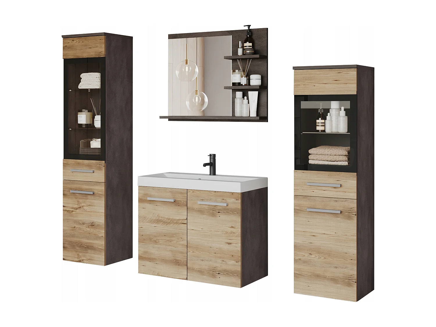 Badkamer set, hangende meubels met wastafel, 2 kolomkasten en spiegel met planken, matera / kastanje Breslau mat