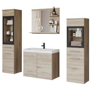 Badkamer set, hangende meubels met wastafel, 2 kolomkasten en spiegel met planken, san remo mat