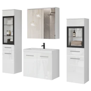 Badkamer set hangend met wastafel, 2 kolomkasten en spiegelkast, corpus wit mat / fronten wit hoogglans