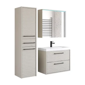 Moderne badkamermeubels, hangende set met wastafel, spiegel en kolomkast, MDF-fronten met golfstructuur, kasjmier beige mat Moderne badkamermeubels, hangende set met wastafel, spiegel en kolomkast, MDF-fronten met golfstructuur, kasjmier beige mat