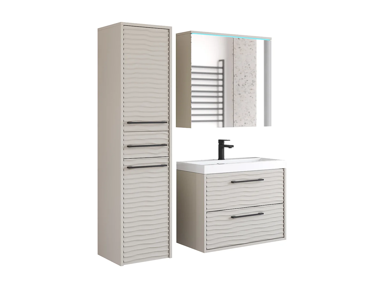 Moderne badkamermeubels, hangende set met wastafel, spiegel en kolomkast, MDF-fronten met golfstructuur, kasjmier beige mat