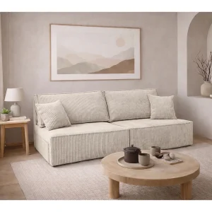 Bank met slaapfunctie en opbergruimte, koordstof Poso, Beige, BEST MINI Bank met slaapfunctie en opbergruimte, koordstof Poso, Beige, BEST MINI