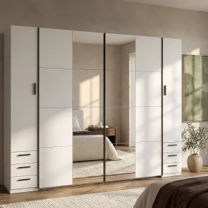 Kast met 6 lades en 4 deuren met spiegel L270 cm wit – ARVOLIA