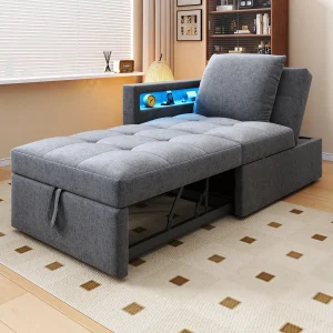 3-in-1 gestoffeerde slaapbank – 177 x 68 x 65 cm – met verstelbare rugleuning + LED's + USB/Type-C-poorten – Linnen – Lichtgrijs 3-in-1 gestoffeerde slaapbank – 177 x 68 x 65 cm – met verstelbare rugleuning + LED's + USB/Type-C-poorten – Linnen – Lichtgrijs