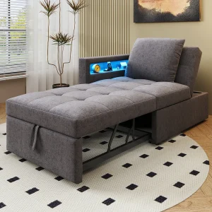 3-in-1 gestoffeerde slaapbank – 177 x 68 x 65 cm – met verstelbare rugleuning + LED's + USB/Type-C-poorten – Linnen – Grijs 3-in-1 gestoffeerde slaapbank – 177 x 68 x 65 cm – met verstelbare rugleuning + LED's + USB/Type-C-poorten – Linnen – Grijs