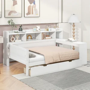Bankbed 90×200 cm wit, met bureau, 2 laden, stopcontact en USB-poort, geïntegreerde nachtkast, zonder matras