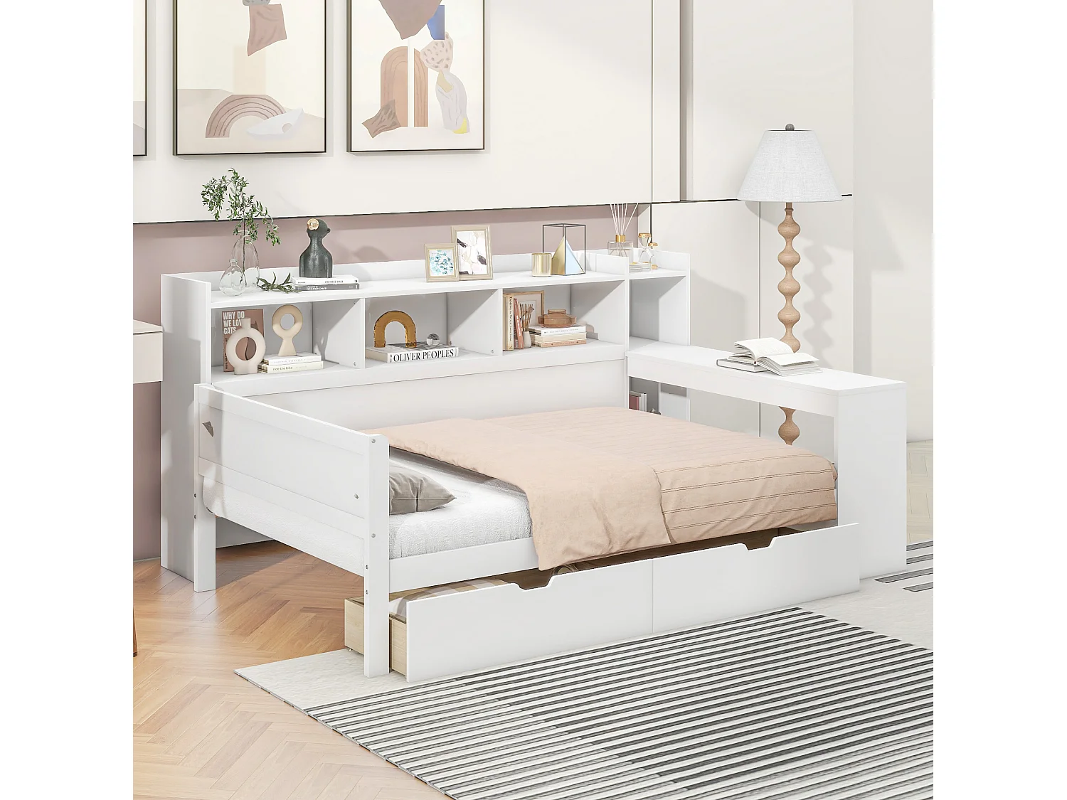 Bankbed 90x200 cm wit, met bureau, 2 laden, stopcontact en USB-poort, geïntegreerde nachtkast, zonder matras