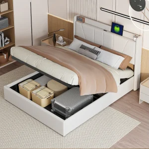 140x200cm linnen stoffen opbergbed met USB-aansluiting – hoofdbord en lattenbodem – Beige