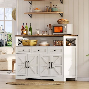 140 cm Dressoir met opbergruimte, koffiebar met 3 lades, geschikt voor keuken, wit