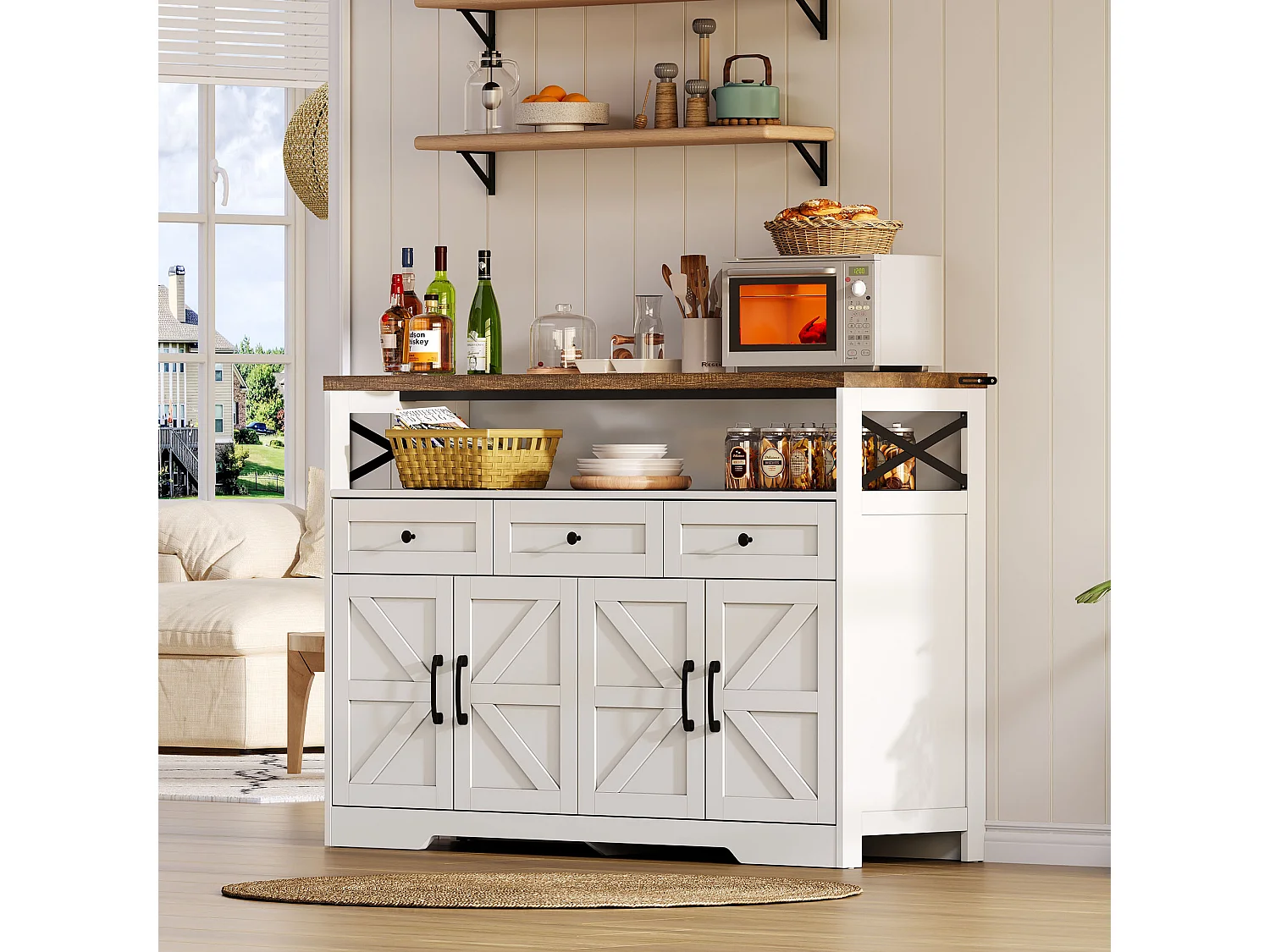 140 cm Dressoir met opbergruimte, koffiebar met 3 lades, geschikt voor keuken, wit