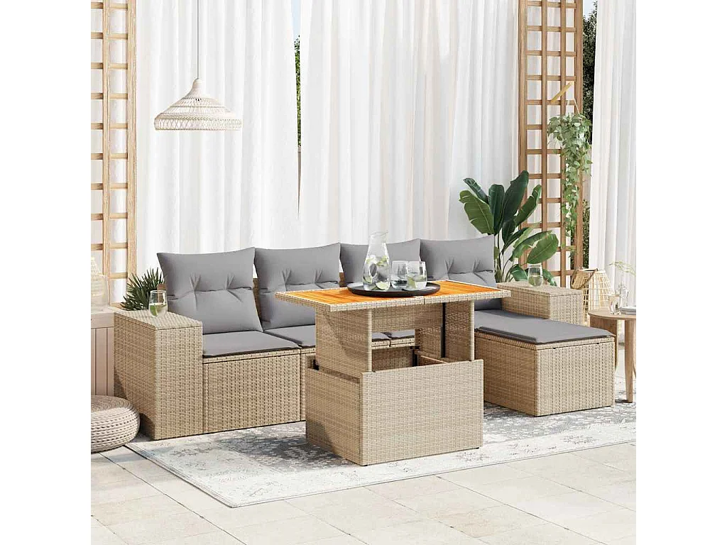 6-delige Loungeset met kussens poly rattan beige