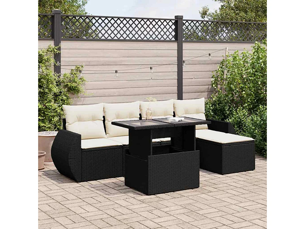 6-delige Loungeset met kussens poly rattan zwart