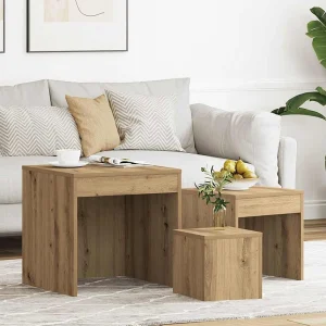 3-delige Tafeltjesset bewerkt hout artisanaal eikenkleur