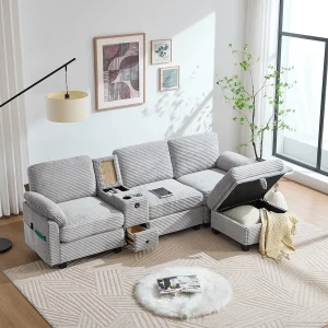 3-zitsbank, corduroy bank met opbergpoef, lades, 2 bekerhouders en USB-aansluiting – lichtgrijs 3-zitsbank, corduroy bank met opbergpoef, lades, 2 bekerhouders en USB-aansluiting – lichtgrijs