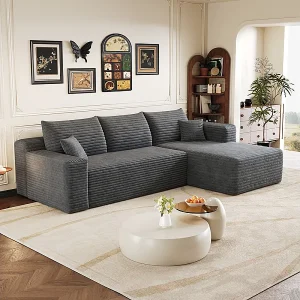 241cm Rechterhoekbank van geribbeld fluweel – modulaire 3-zits bank met ligdeel – Grijs 241cm Rechterhoekbank van geribbeld fluweel – modulaire 3-zits bank met ligdeel – Grijs