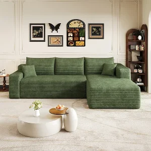 241cm Rechterhoekbank van geribbeld fluweel – modulaire 3-zits bank met ligdeel – Groen 241cm Rechterhoekbank van geribbeld fluweel – modulaire 3-zits bank met ligdeel – Groen