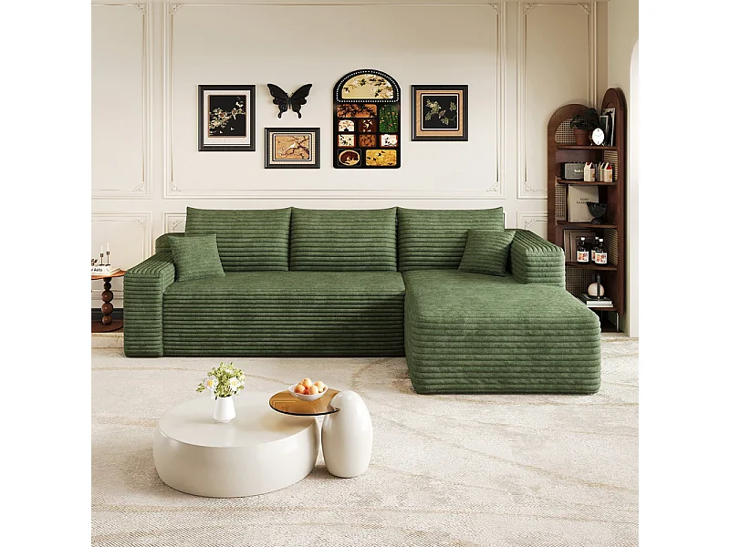 241cm Rechterhoekbank van geribbeld fluweel - modulaire 3-zits bank met ligdeel - Groen