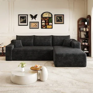 241cm Rechterhoekbank van geribbeld fluweel – modulaire 3-zits bank met ligdeel – Zwart 241cm Rechterhoekbank van geribbeld fluweel – modulaire 3-zits bank met ligdeel – Zwart