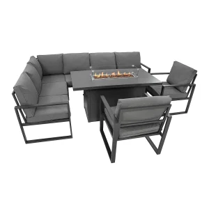 Aluminium 7-zits loungeset – grijze tuinset – hoekbank, stoelen, vuurtafel Aluminium 7-zits loungeset – grijze tuinset – hoekbank, stoelen, vuurtafel