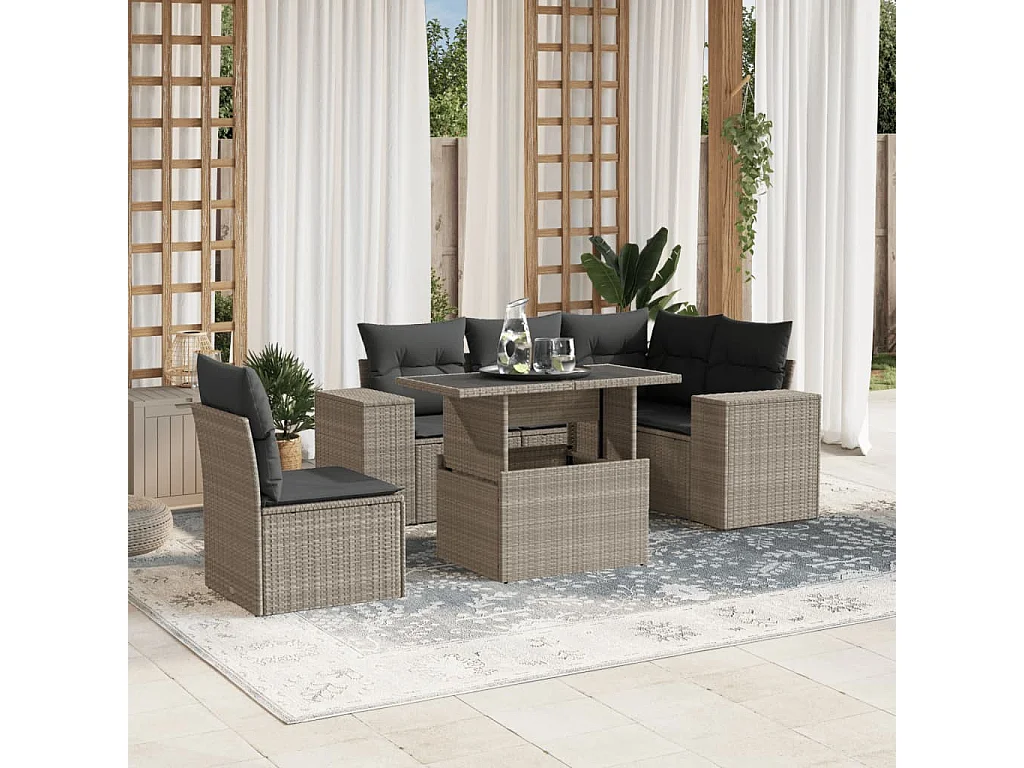 6-delige Loungeset met kussens poly rattan lichtgrijs