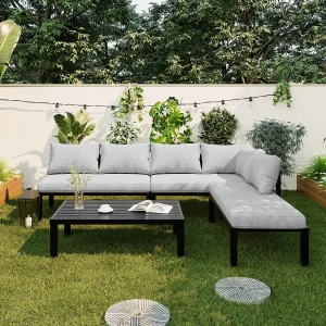 6-persoons tuinset met verstelbare poten – Modulaire bank en tafel, grijze stof
