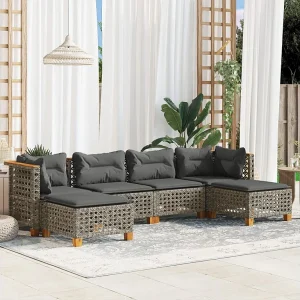 6-delige Loungeset met kussens poly rattan grijs 6-delige Loungeset met kussens poly rattan grijs