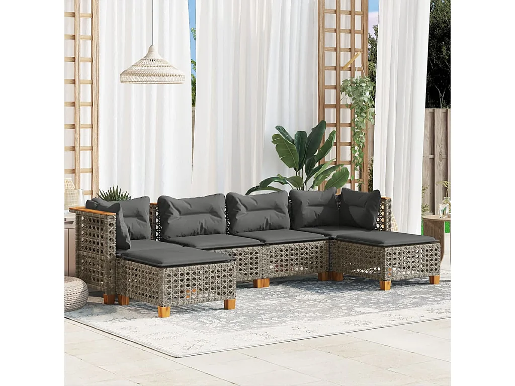 6-delige Loungeset met kussens poly rattan grijs