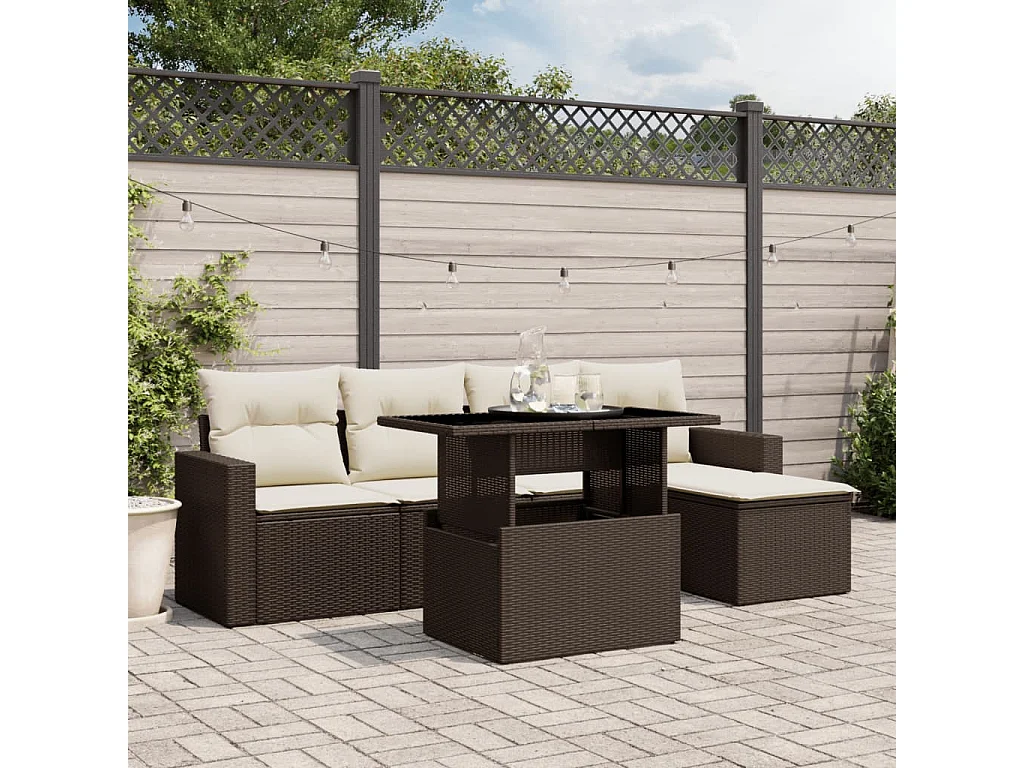 6-delige Loungeset met kussens poly rattan bruin