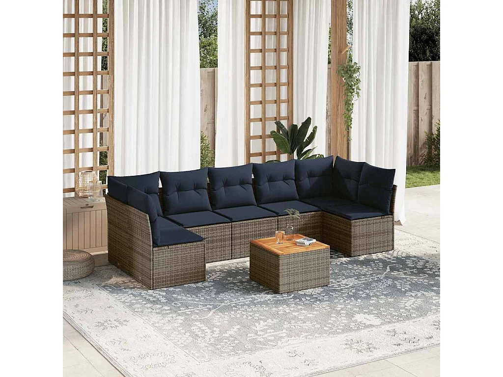 8-delige Loungeset met kussens poly rattan grijs