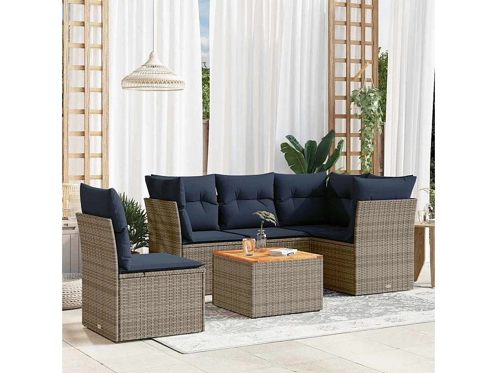 6-delige Loungeset met kussens poly rattan grijs