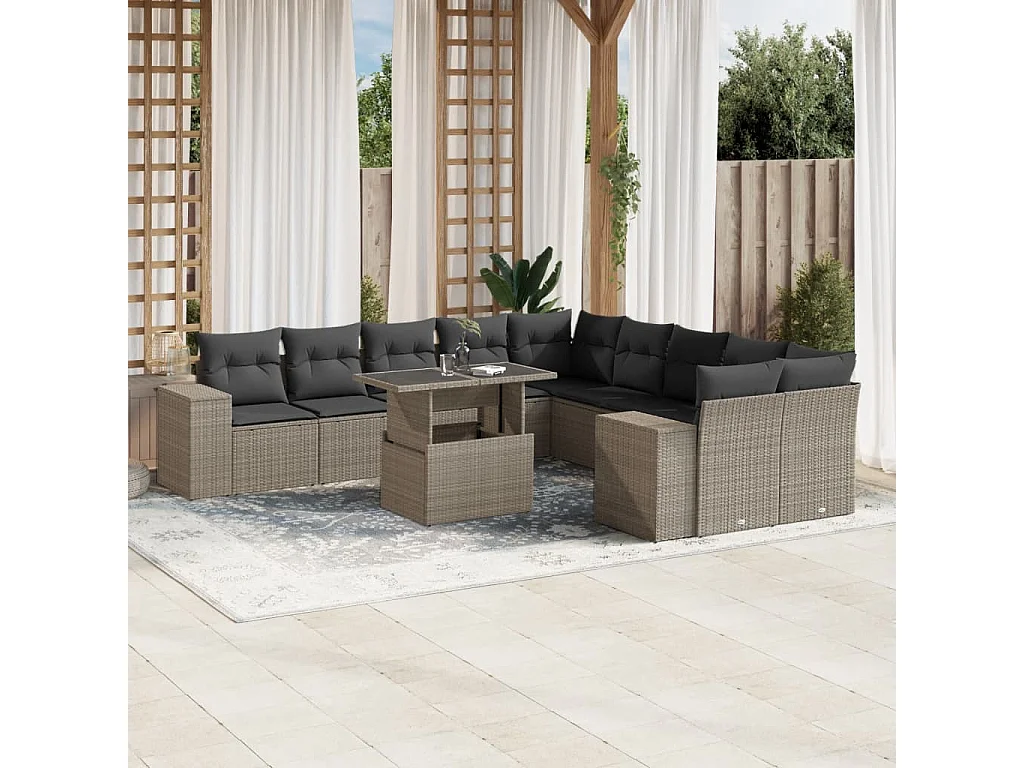 11-delige Loungeset met kussens poly rattan lichtgrijs