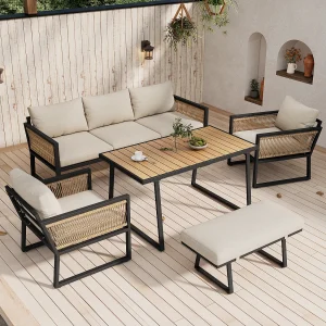 5-delige tuinset van staal en beige stof – 3-zitsbank, 2 fauteuils, kruk en tafel van 130×70 cm 5-delige tuinset van staal en beige stof – 3-zitsbank, 2 fauteuils, kruk en tafel van 130×70 cm