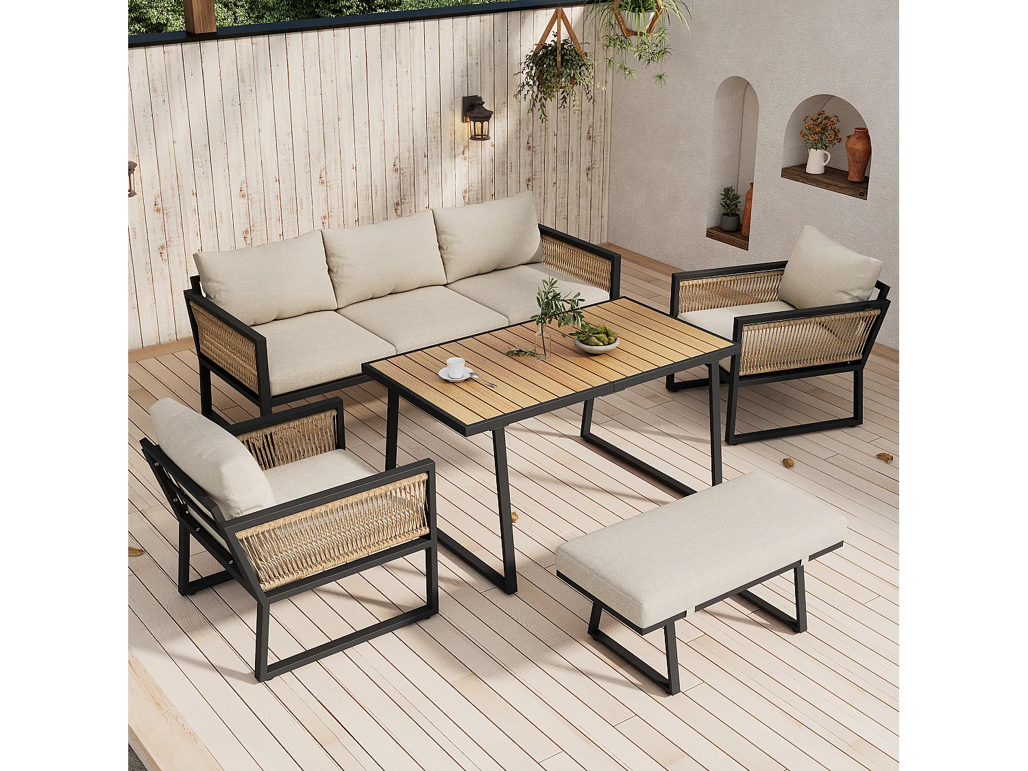 5-delige tuinset van staal en beige stof - 3-zitsbank, 2 fauteuils, kruk en tafel van 130x70 cm