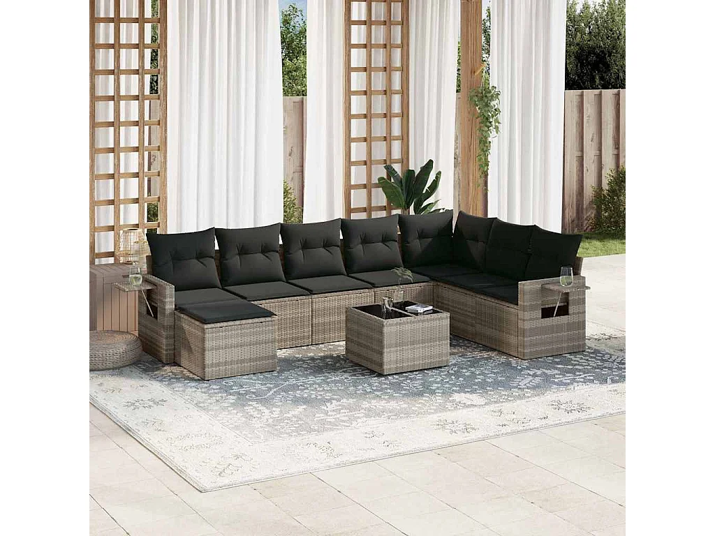 9-delige Loungeset met kussens poly rattan lichtgrijs