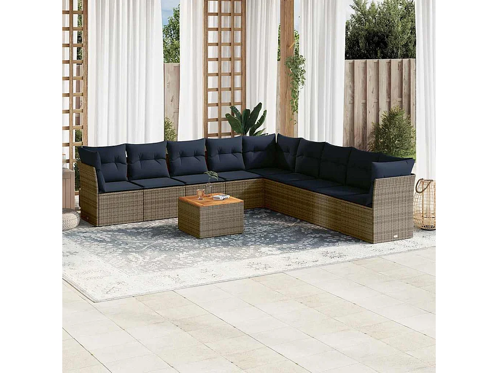 10-delige Loungeset met kussens poly rattan grijs