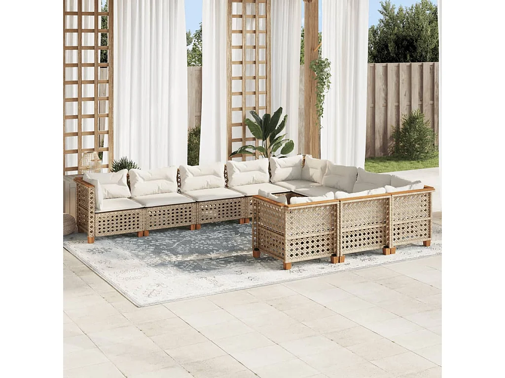 10-delige Loungeset met kussens poly rattan beige