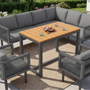 6-delige tuinset van gevlochten touw, hoekbank en salontafel met comfortabele kussens voor terras en tuin – Grijs