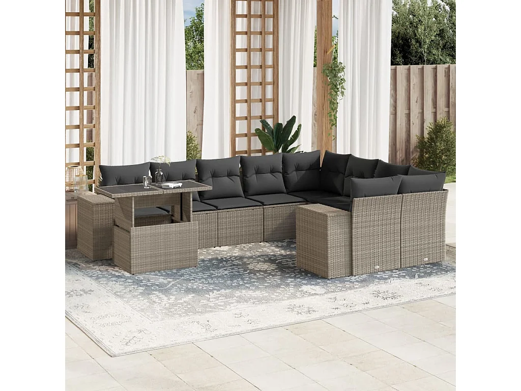 10-delige Loungeset met kussens poly rattan lichtgrijs