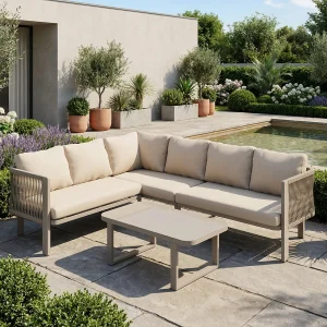 6-persoons stalen tuinset: hoekbank en salontafel – Khaki stof