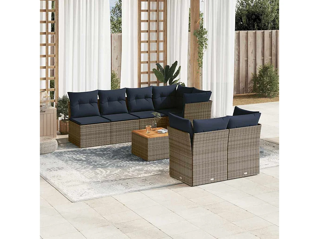 8-delige Loungeset met kussens poly rattan grijs