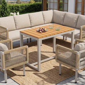 6-delige tuinset van gevlochten touw, hoekbank en salontafel met comfortabele kussens voor terras en tuin – Beige