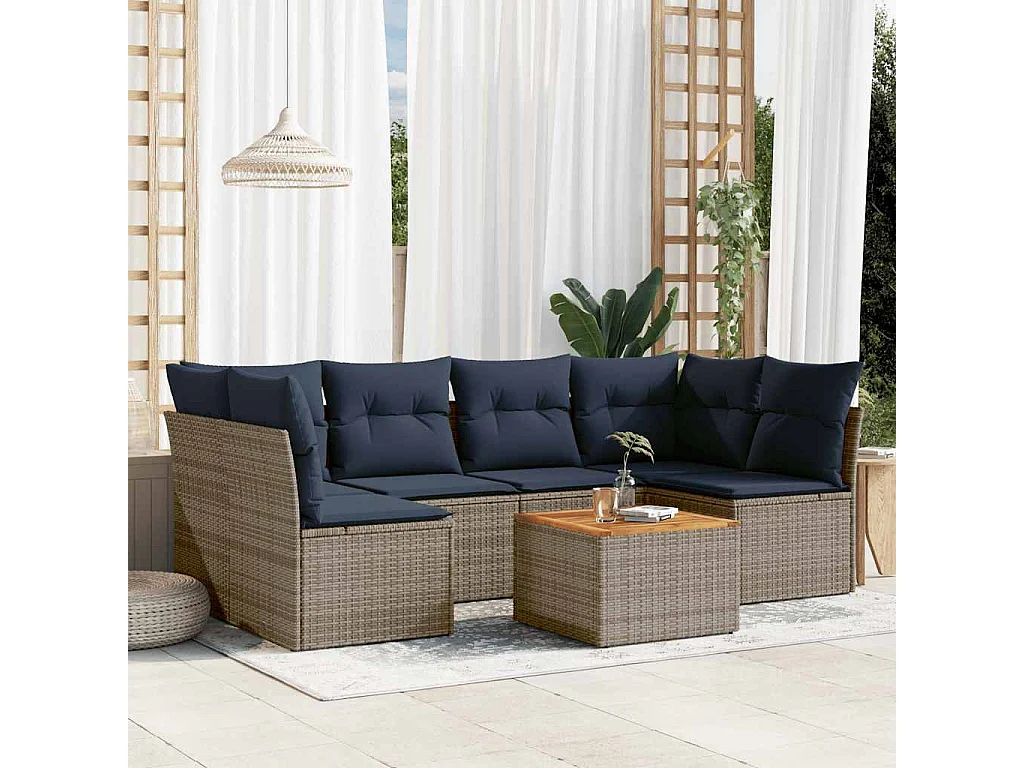 7-delige Loungeset met kussens poly rattan grijs