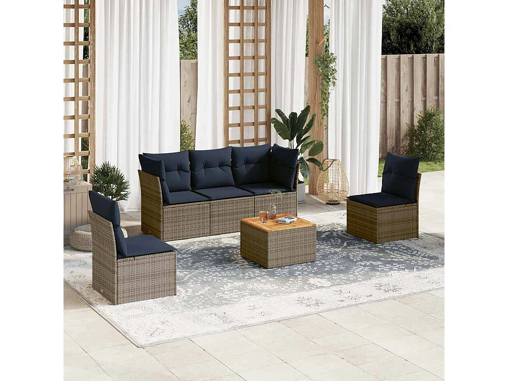 6-delige Loungeset met kussens poly rattan grijs