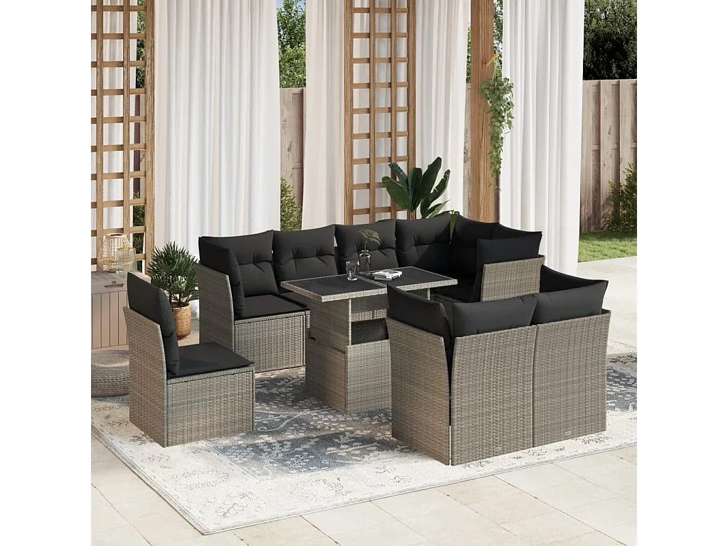 9-delige Loungeset met kussens poly rattan lichtgrijs