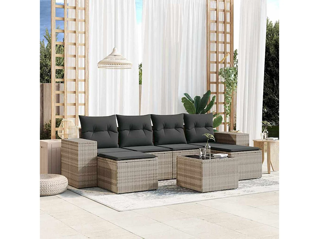 7-delige Loungeset met kussens poly rattan lichtgrijs