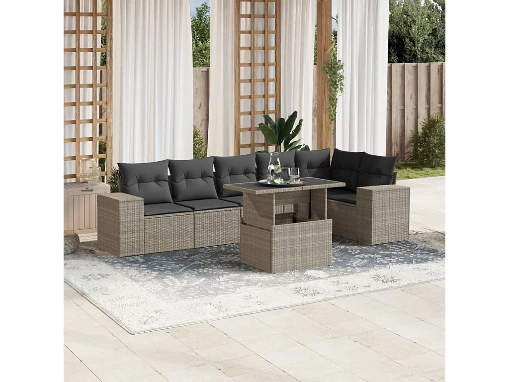 7-delige Loungeset met kussens poly rattan lichtgrijs