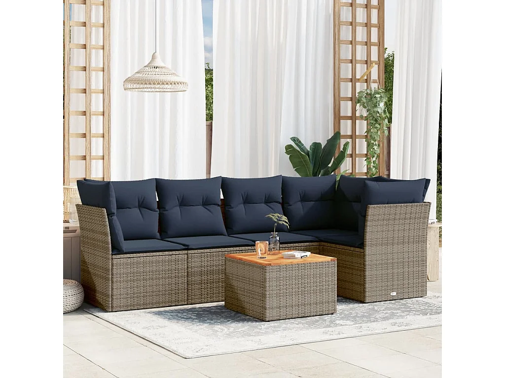 6-delige Loungeset met kussens poly rattan grijs