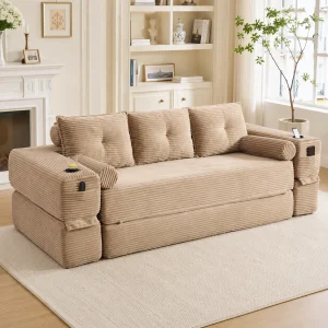 3-zits slaapbank met bekerhouders – Corduroy slaapbank – Khaki 3-zits slaapbank met bekerhouders – Corduroy slaapbank – Khaki