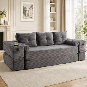 3-zits slaapbank met bekerhouders – Corduroy slaapbank – Grijs 3-zits slaapbank met bekerhouders – Corduroy slaapbank – Grijs