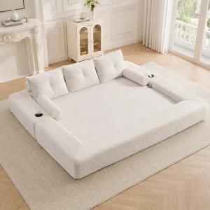 3-zits slaapbank met bekerhouders – Corduroy slaapbank – Beige 3-zits slaapbank met bekerhouders – Corduroy slaapbank – Beige
